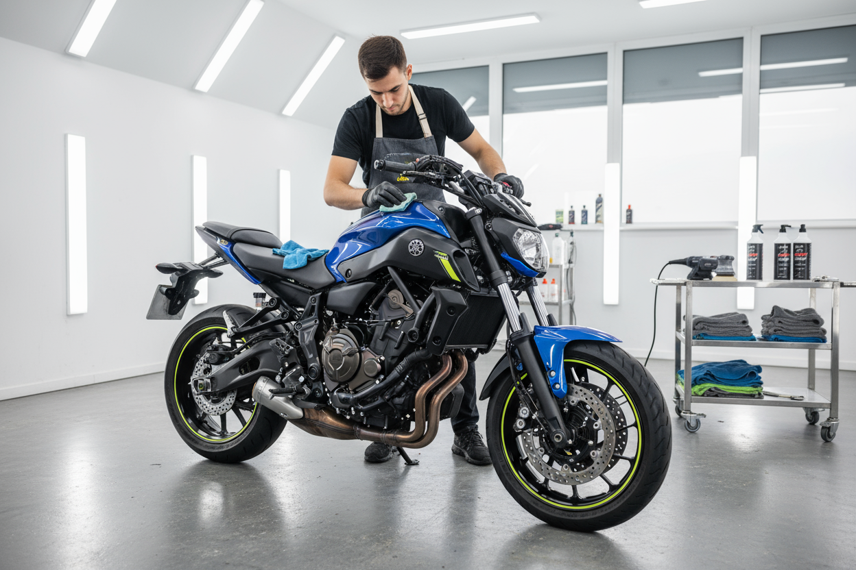 een yamaha mt 07 van 2025 die in een keramische coating wordt gezet 